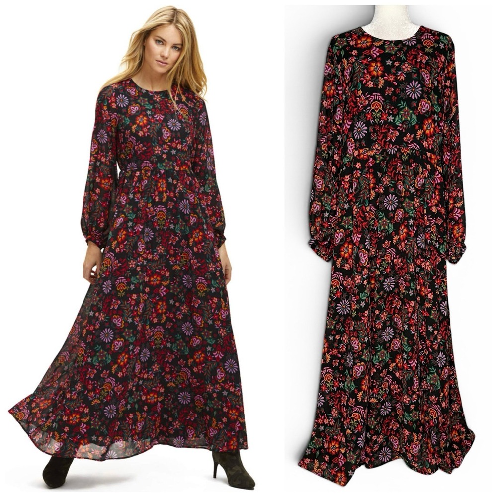 Floral Maxi Dress 2XL‎ Cottagecore Peasant Folklore Semi Sheer Long Sleeve Lined